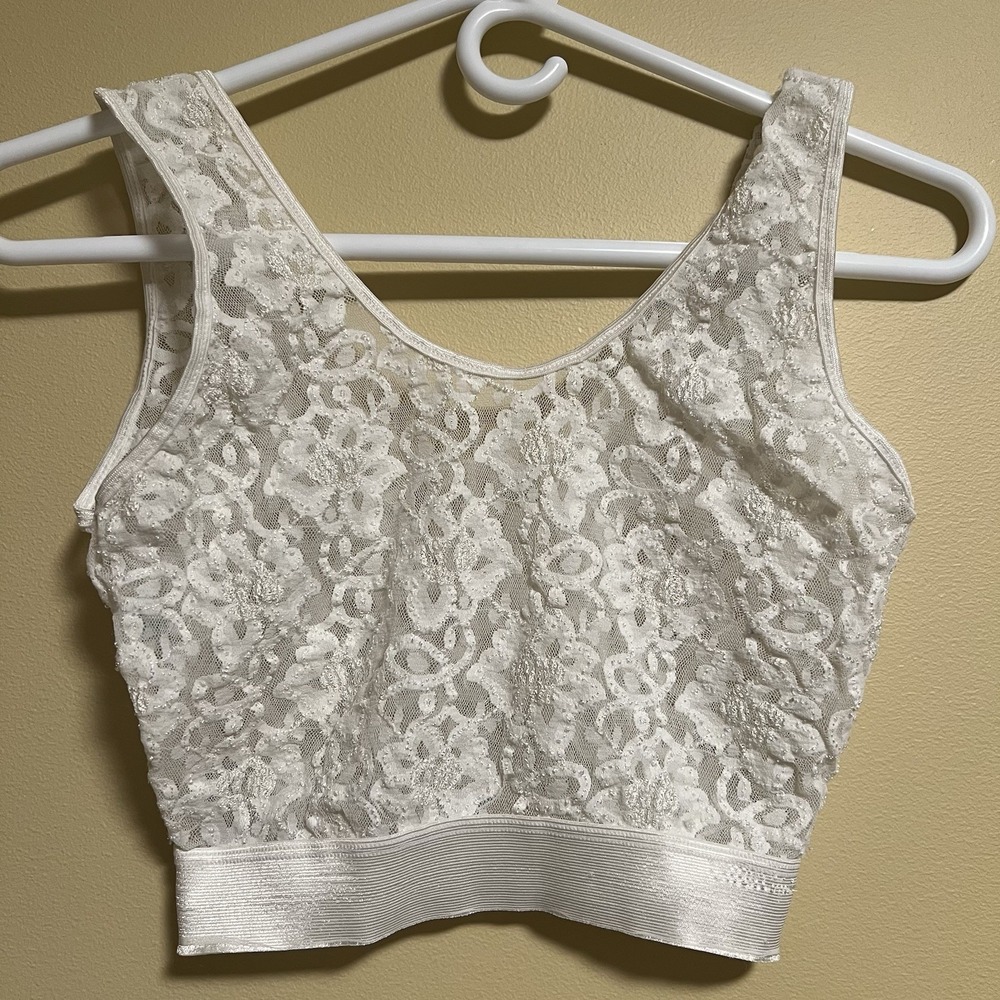 Vtg Bralette Tank Sz Medium Lace Mesh Sheer Nylon Made In USA Stretch Fairy